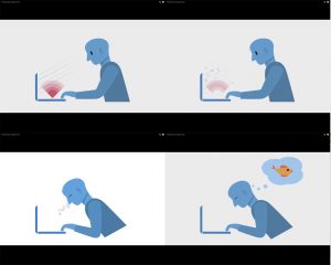 Vier einzelne Bilder einer Figur am Laptop. Erst konzentriert, dann weniger, dann schlafend und am Ende von einem Fisch träumend.