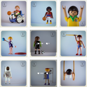 Screenshot eines Instagram Feeds in dem nur Bilder von Playmobil Figuren abgebildet sind, die Sport machen.