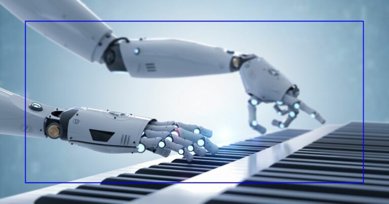 Ein Roboter spielt Keyboard.