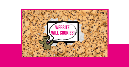 Ein Monster sagt, dass die Website Cookies will. Cookies umzingeln das Monster.
